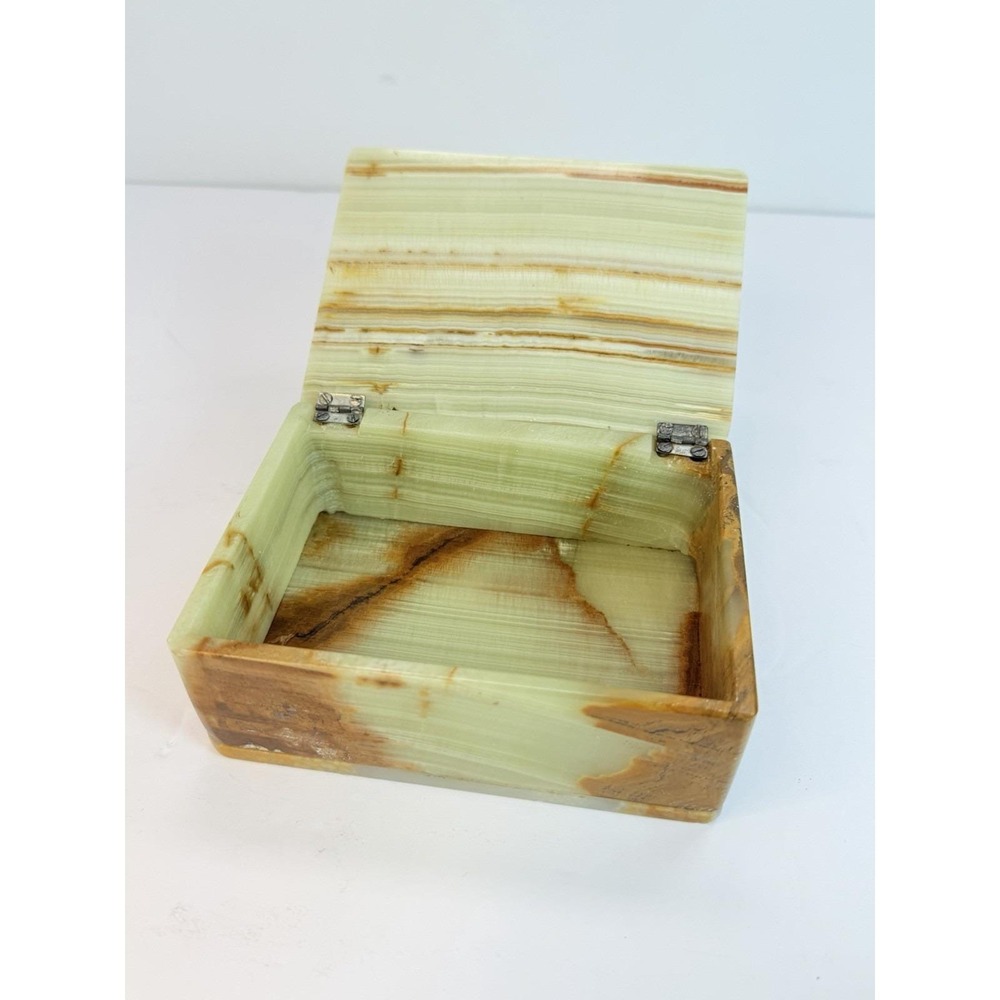 Green Brown Onyx Jewelry Trinket Box Hinged Lid Stone Vintage Home Decor
